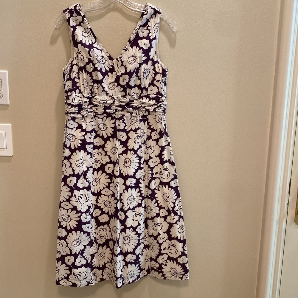 Boden Cotton Sleeveless Fit & Flare V Neck Dress Side Zip Purple White Floral 6L - Picture 3 of 11